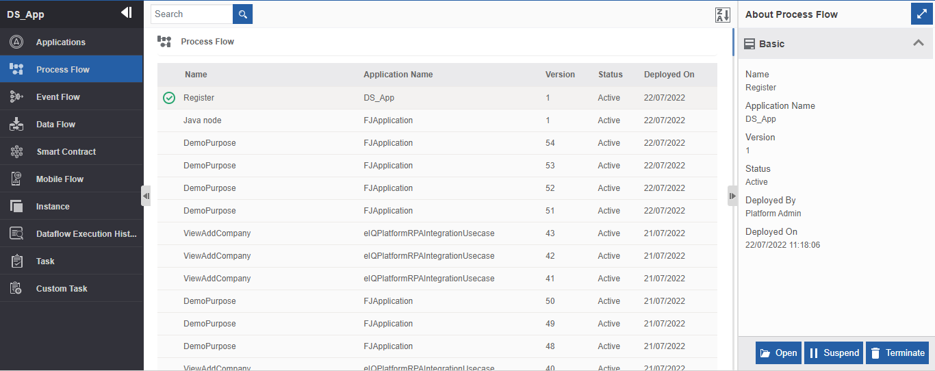 Viewing deployed Process flow list and details Viewing deployed Process flow list and details