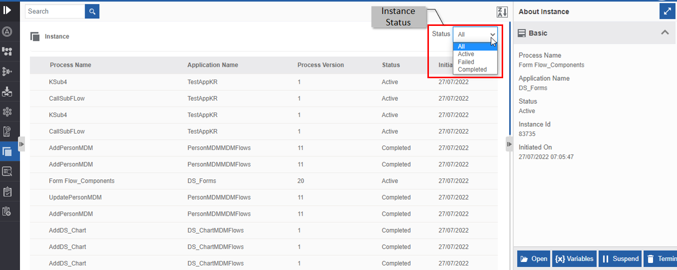 Status-wise instance listing Status-wise instance listing