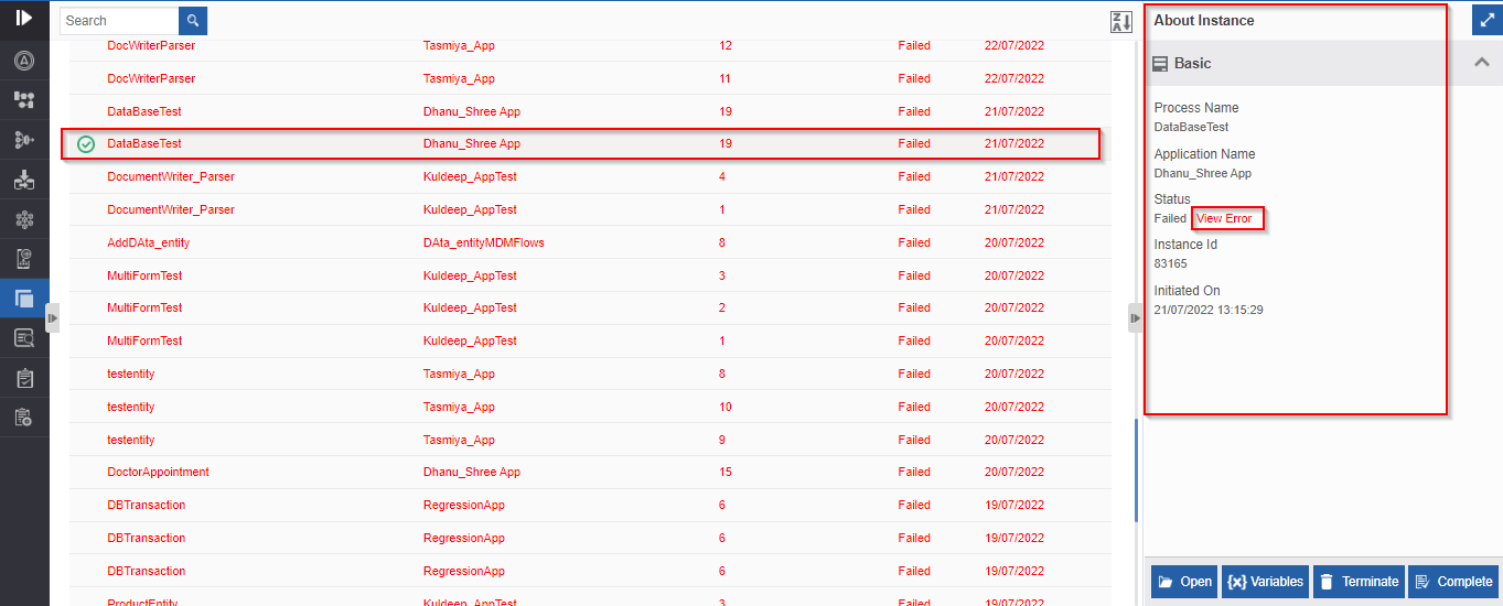 Details of a failed instance Details of a failed instance