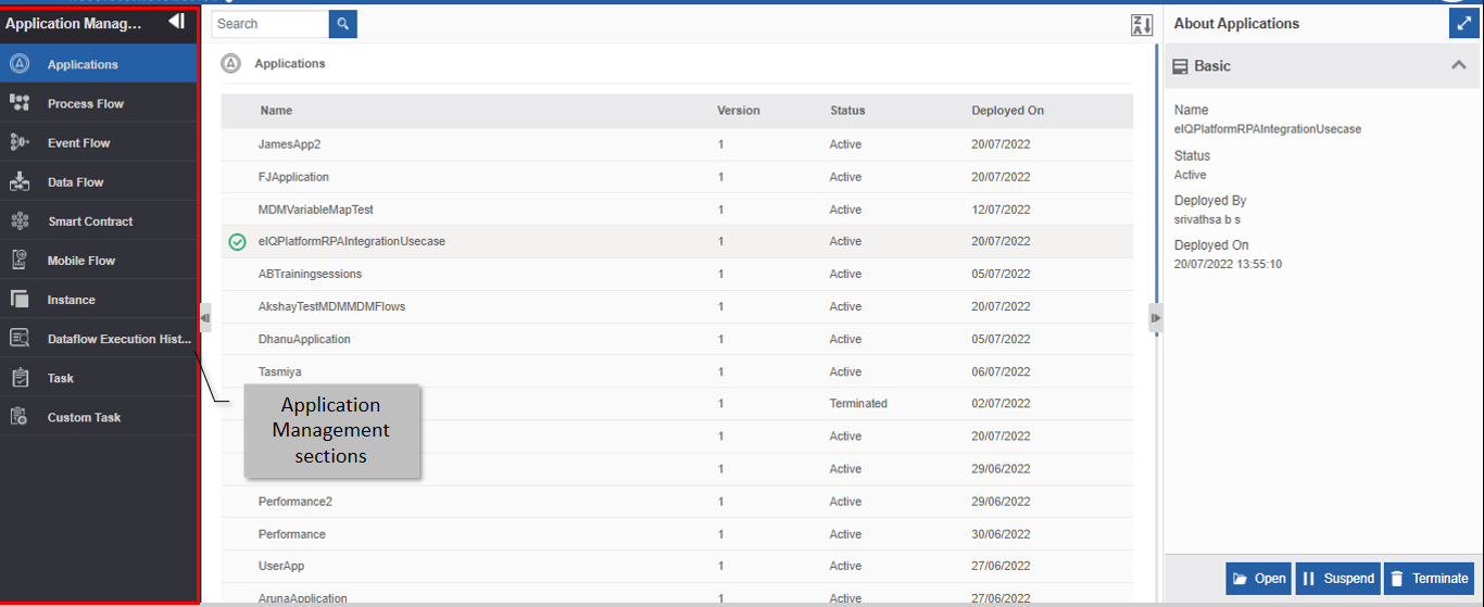 Application Management sections Application Management sections