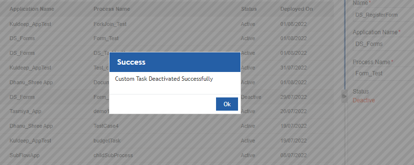 Deactivate success message Deactivate success message