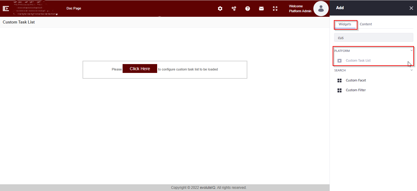 Custom Task list widget added to the portlet page Custom Task list widget added to the portlet page